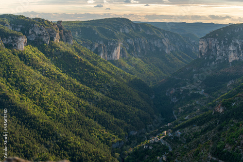 View of the Gorges de la Jonte and the village of Le Truel in the Cevennes National Park. © bios48