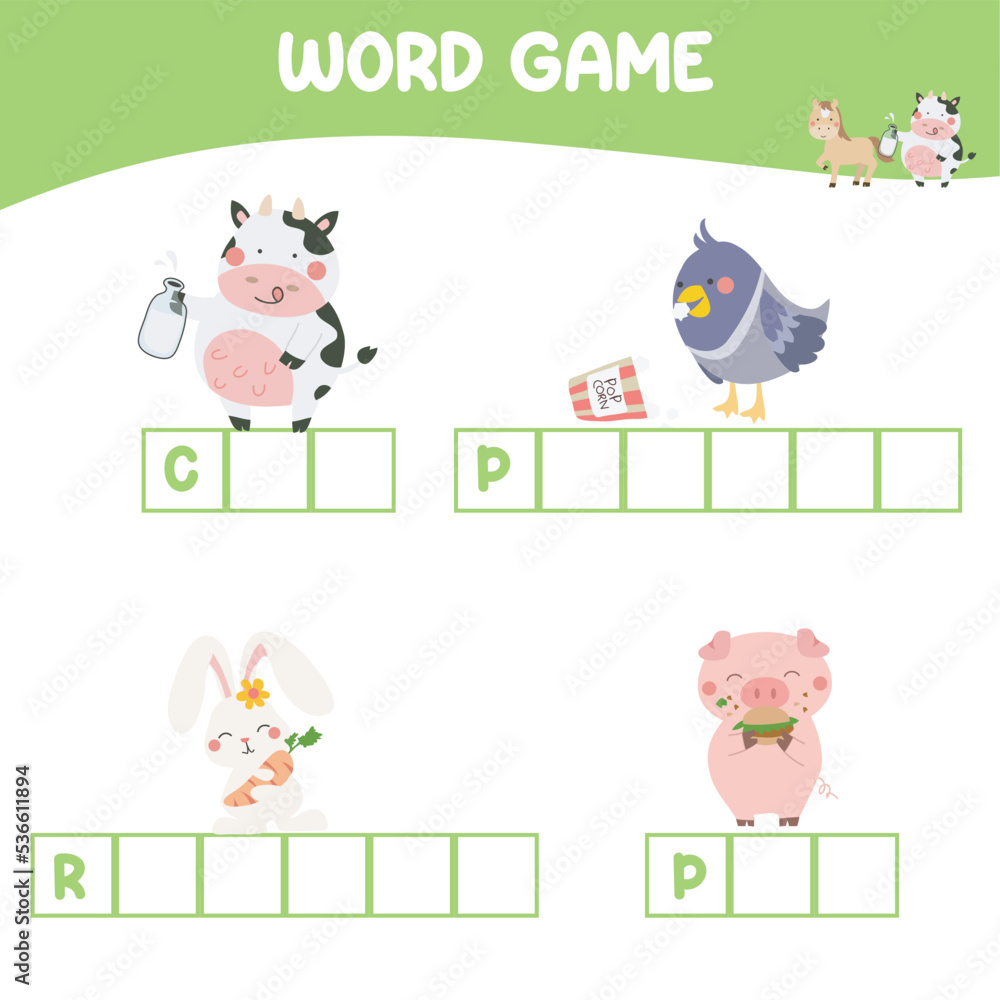 Word game worksheet. Complete animals name worksheet. Educational spelling printable game worksheet. Writing practice. Vector file.