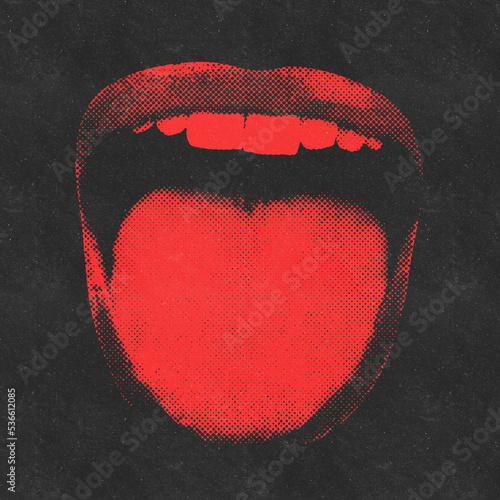 Retro, pop art, vintage concept. Illustration of sexy and seductive woman lips in red halftone effect made from small dots isolated on black background. Grunge style. Toned image with red colo