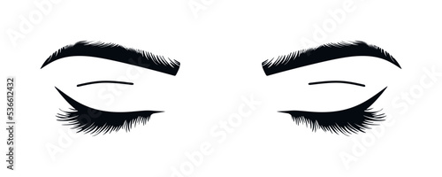 Beautiful luxurious female closed eyes with eyebrows and lush eyelashes. Business card idea, vector typography. closed eye for your design. Perfect design for a beauty salon