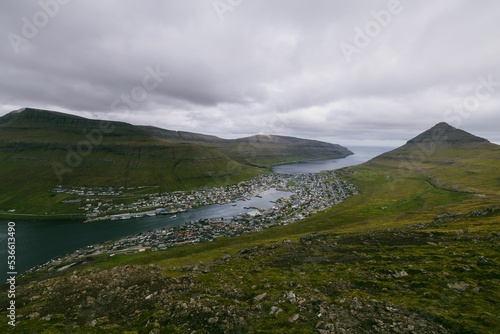 Aerial view of the Klaksvik on the island of Bordoy from the top of Klakkur in the Faroe Islands photo