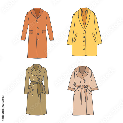 Woman coat colorful doodle illustrations collection in vector. Coat colorful icons collection in vector.