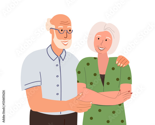 Smiling Senior couple of happy elderly retired man and woman hug each others.Happy relationships.Old Senior spouse wearing fashion stylish clothes.Flat vector illustration isolated on white background