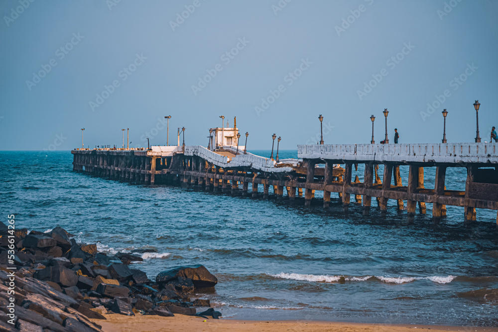 The Rock Beach of Pondicherry or Puducherry, also known as Promenade Beach or Gandhi beach, is an exceptional place where the shore is densely populated by majestic rocks. At Tamilnadu, South India.