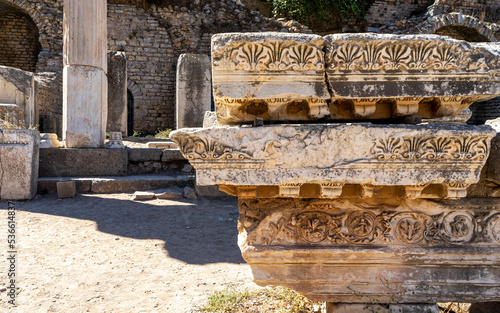 Selective focus on anthemion frieze in ephesus, ruins in ancient city ephesos, close up, detail, copy space for text.