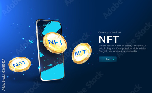 Concept of NFT ,non-fungible token with network vector on dark background. Vector illustration concept nft banner for website. Non-renewable token. Vector illustration.