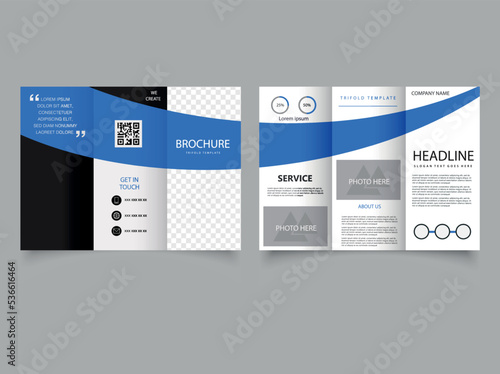 Blue trifold brochure for presentation. Vector empty trifold brochure print template design with blue