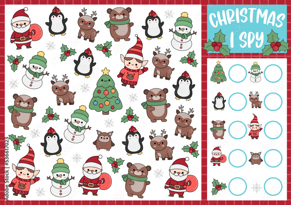 Fototapeta premium Christmas I spy game for kids. Searching and counting activity with cute kawaii holiday symbols. Winter printable worksheet for preschool children. Simple New Year spotting puzzle with fir tree