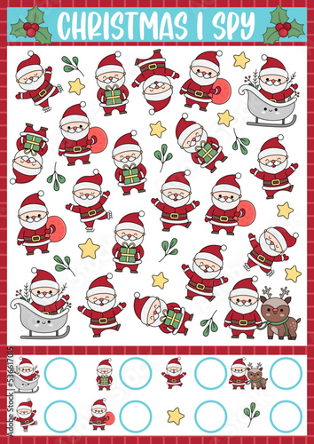 Christmas I spy game for kids. Searching and counting activity with cute kawaii holiday symbols. Winter printable worksheet for preschool children. Simple New Year spotting puzzle with Santa Claus.