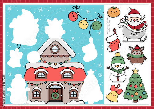 Vector Christmas cut and glue activity. Crafting game with cute kawaii New Year scene. Fun winter holiday printable worksheet. Find the right piece of the puzzle. Complete the picture.