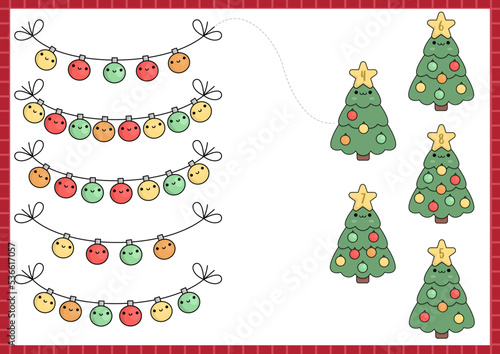 Christmas matching game with cute kawaii fir tree, colored balls. Winter holiday math activity for preschool kids. Educational printable New Year counting worksheet with cartoon characters.
