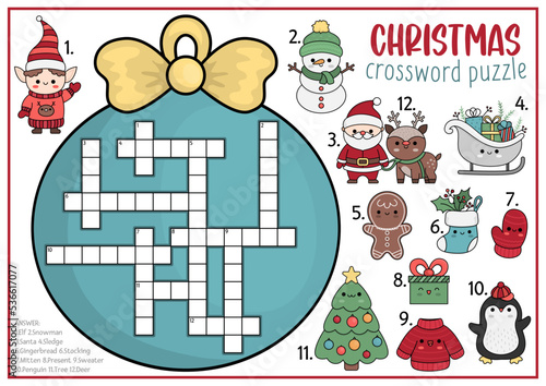 Vector Christmas ball shaped crossword puzzle for kids. Winter holiday quiz for children. Educational activity with kawaii symbols. Cute New Year English language cross word with Santa Claus.