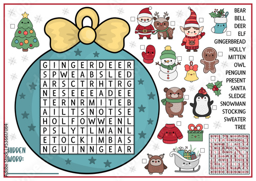 Vector Christmas ball shaped word search puzzle for kids. Winter holiday quiz for children. Educational activity with kawaii symbols. Cute New Year English language cross word with Santa Claus.