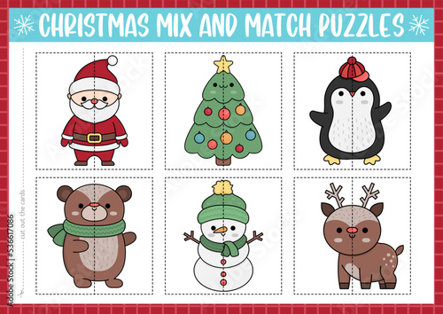 Vector Christmas mix and match puzzle with cute kawaii characters. Matching New Year party activity for preschool kids. Educational winter holiday game with Santa Claus, tree, penguin, deer.
