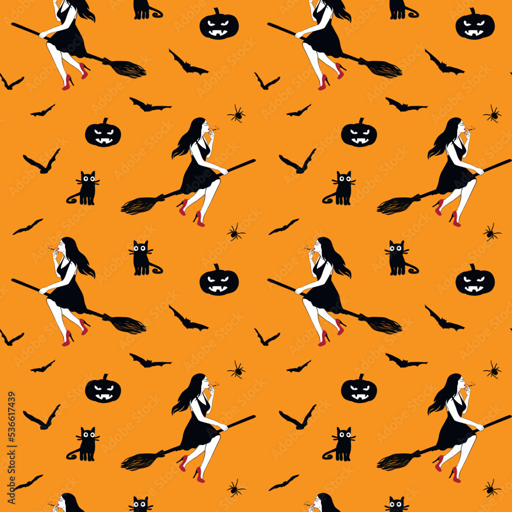 Witch flying on a broom with spooky bats, spiders, cats and pumpkins. Happy Halloween seamless vector illustration