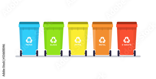 Plastic containers for garbage and recycling bins segregate waste sorting management environment protection concept flat vector illustration.