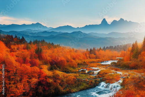 autumn landscape with mountains and lake