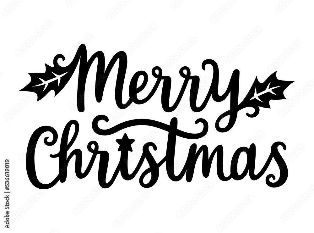 Merry Christmas vector phrase. Template for laser and paper cutting. Holiday handwritten quote. Text for greeting card, invitation, banner, poster, print t shirt. Isolated on white background.