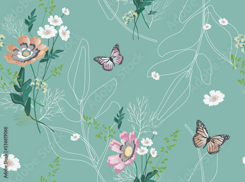 Abstract white, pink, orange flowers (chamomile, daisies, Cosmos) and butterflies in pastel colors on a mint green background. Seamless pattern for design of textile, fabrics, wallpaper, web sites.