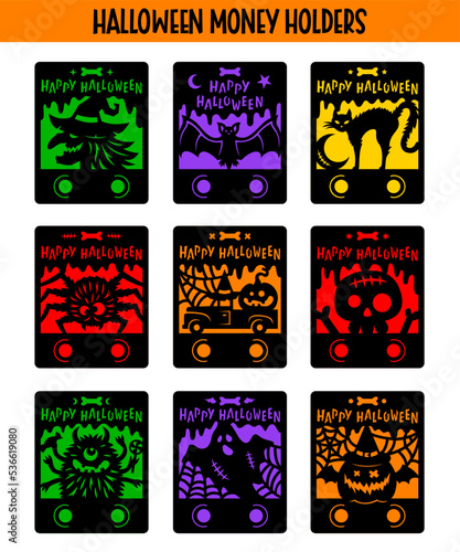 Halloween money holders. Vector cards. Cute halloween gift. Holiday layered cash template. For cutting paper on a plotter.