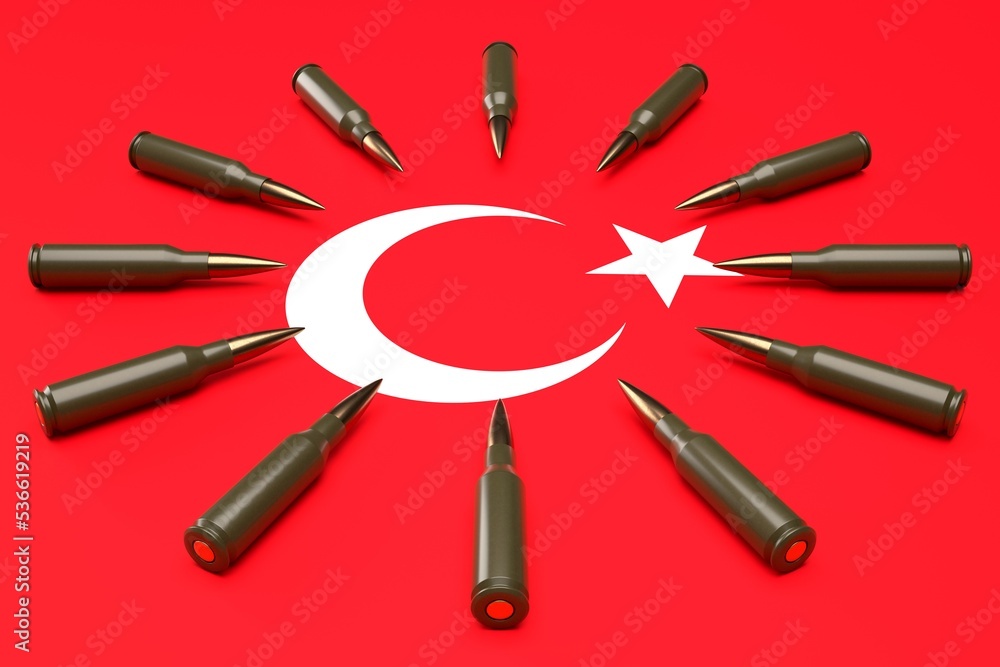 Cartridges on the flag of Turkey. Military concepts related to crime, war and the firearms trade. Realistic 3d rendering of a bullet Cartridges on the flag of Turkey. Military concepts related to crime, war and the firearms trade. Realistic 3d rendering of a bullet
