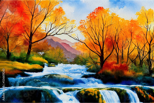 landscape with autumn trees and a waterfall watercolor art