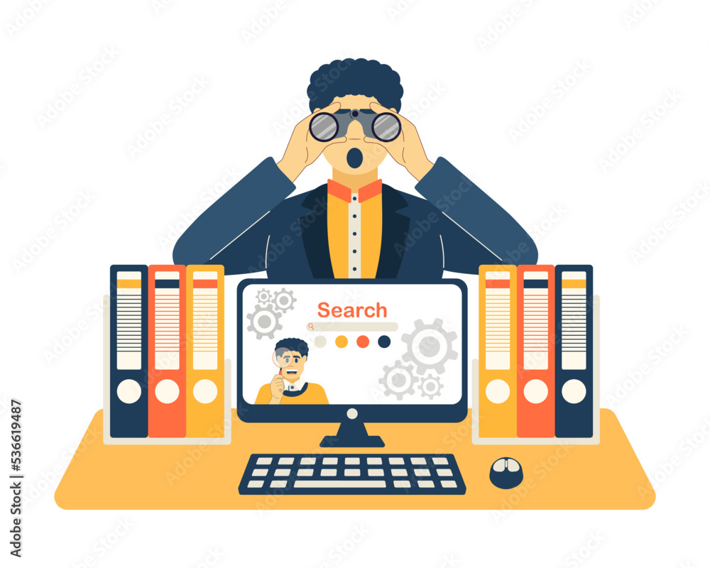 custom made wallpaper toronto digitalMan is looking for the necessary information on the Internet. Product search concept illustration. Male with binoculars peeks out from behind a desktop in the office and looks at you. vector