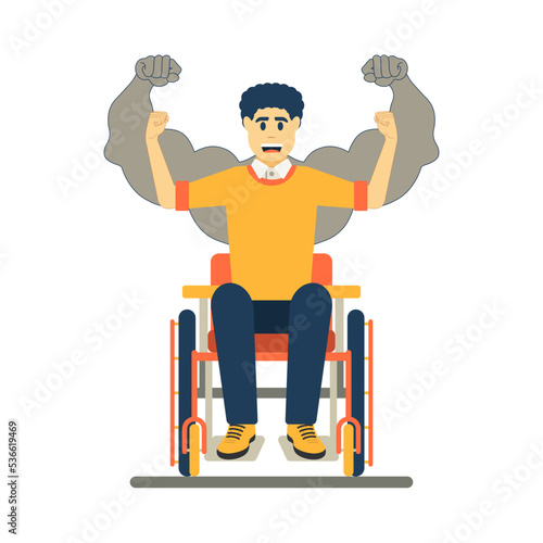 Strong and purposeful man in a wheelchair. Successful human businessman and leader with strong hands. Man with disabilities is the same person as everyone else in the world. vector
