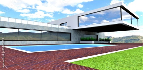 Modern country house with a cantilevered floor above the seating area in front of the pool. Red brick pavement. Juicy green meadow. 3d rendering.