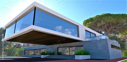 The second floor of a cantilever structure above the porch of a futuristic, minimalist private home on a sunny green island. 3d rendering. photo