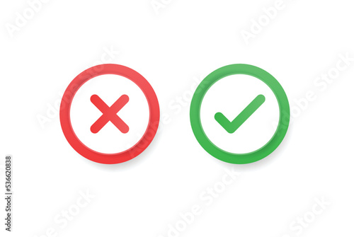 3d check mark icon button, green tick and red cross signs symbols. check box frame - yes or no 3d checkmark icons buttons, right, wrong, approved, rejection sign vector illustration