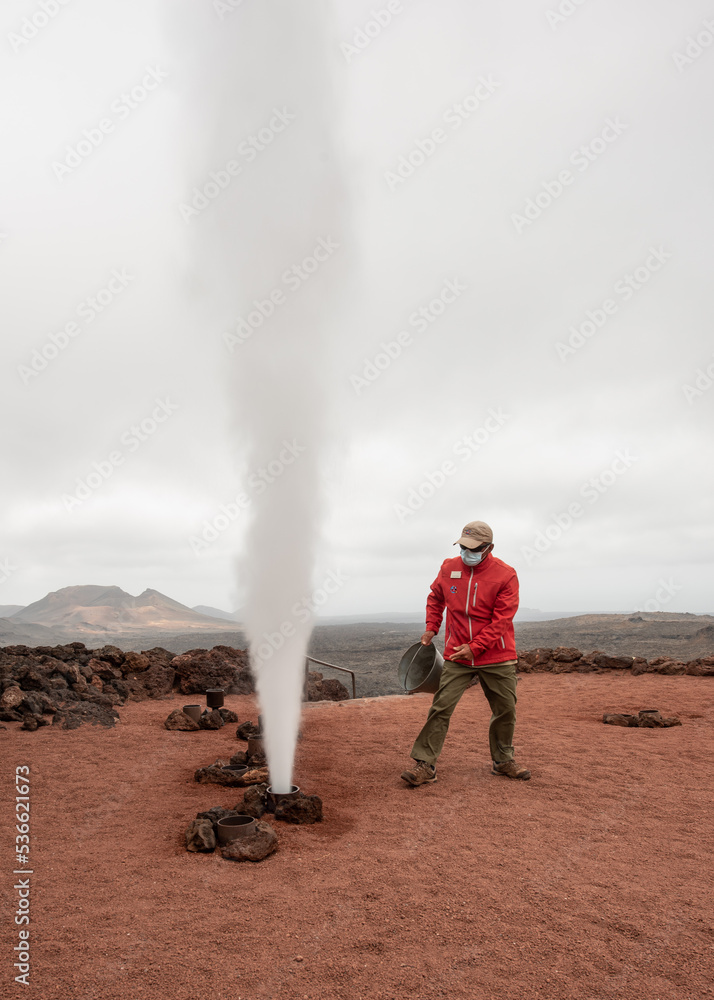a geyser demonstration showing geothermal activity on Lanzarote Montana de Fuego volcano