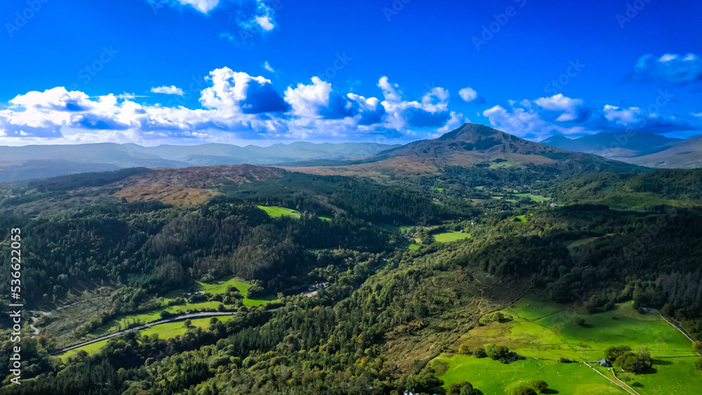 Snowdonia mountains as seen from the Gwydyr Forest which meets the lower slopes of the Carneddau mountains. 