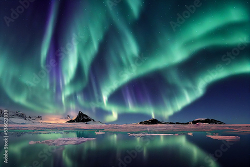 Wonder Aurora Borealis Over Arctic Rocky Seascape 3D Art Work Spectacular Nature Background. Dramatic Polar Lights Above Northern Snowy Mountains and Sea Stunning Night Photography Epic Wallpaper photo