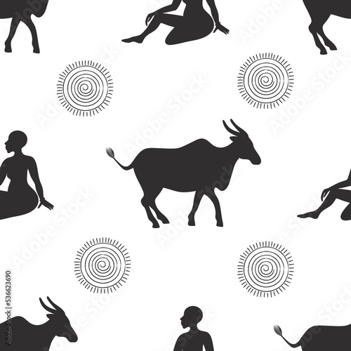 vector graphic seamless pattern with wild ancient buffalo and woman