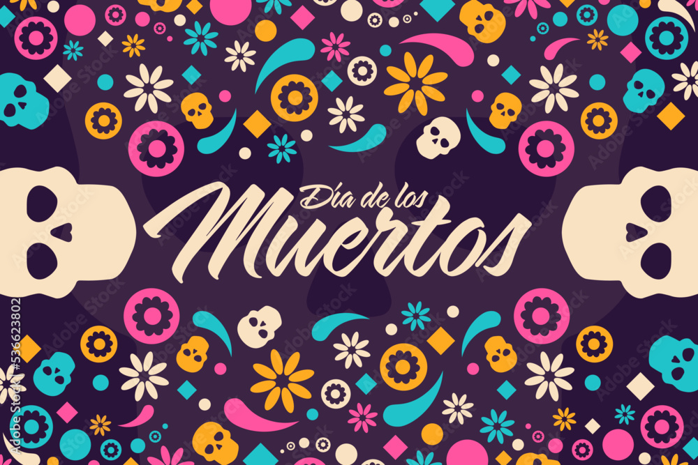 Fototapeta premium Inscription Day of the Dead in Spanish. Dia de los Muertos holiday concept. Template for background, banner, card, poster with text inscription. Vector EPS10 illustration.