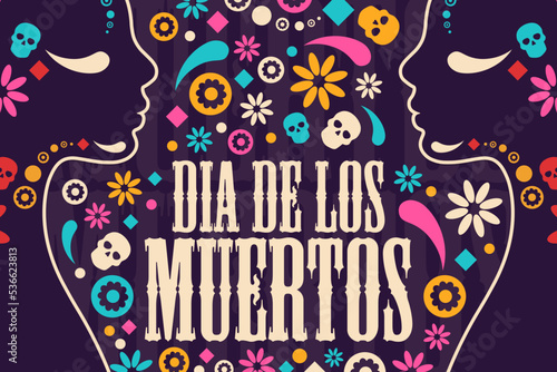 Inscription Day of the Dead in Spanish. Dia de los Muertos holiday concept. Template for background, banner, card, poster with text inscription. Vector EPS10 illustration.