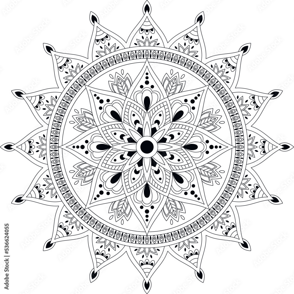 Circular hand drawn black and white mandala with floral elements isolated on a white background. Coloring book page. Vector pattern for design.