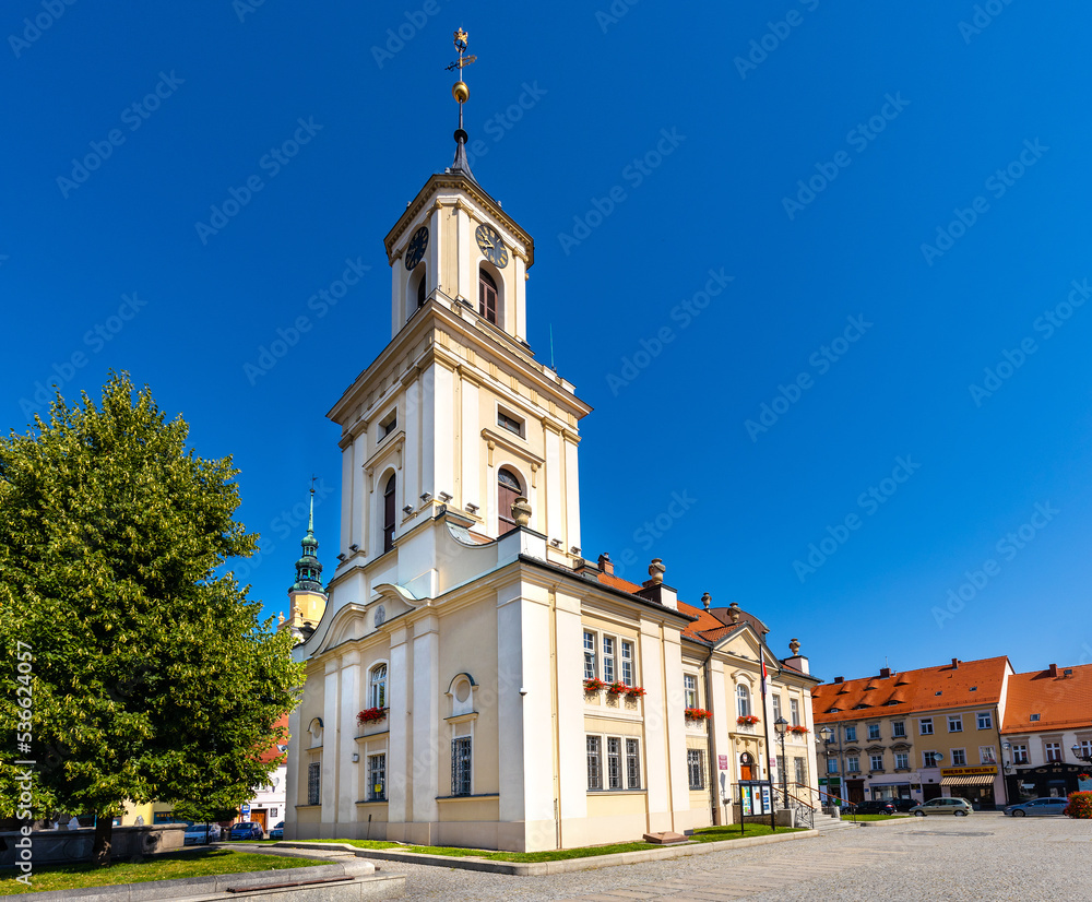 Classicist Town Hall Ratusz Miejski at Rynek Market Square in historic old town quarter of Swiebodzice in Silesia region of Poland