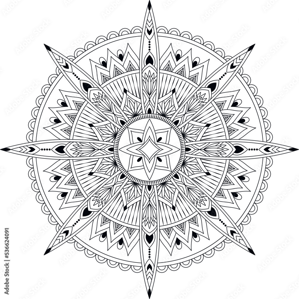 Circular hand drawn black and white mandala with floral elements isolated on a white background. Coloring book page. Vector pattern for design.