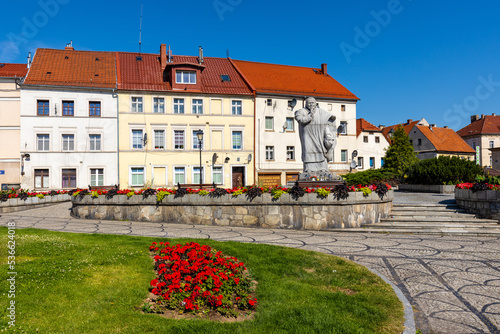 Panoramic view of John Paul II square Plac Jana Pawla II in historic old town quarter of Swiebodzice in Silesia region of Poland
