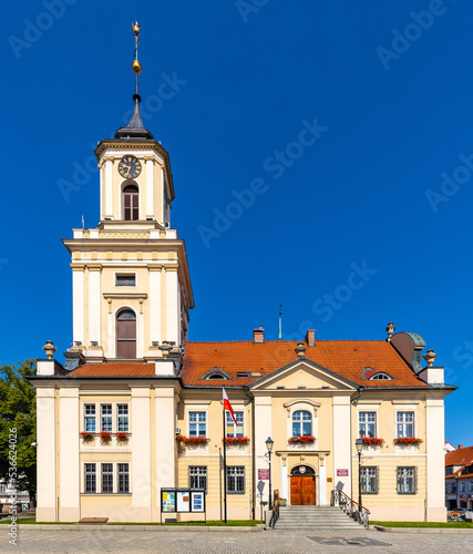 Classicist Town Hall Ratusz Miejski at Rynek Market Square in historic old town quarter of Swiebodzice in Silesia region of Poland