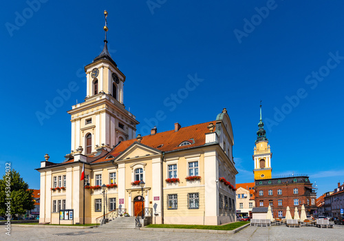 Classicist Town Hall Ratusz Miejski at Rynek Market Square in historic old town quarter of Swiebodzice in Silesia region of Poland