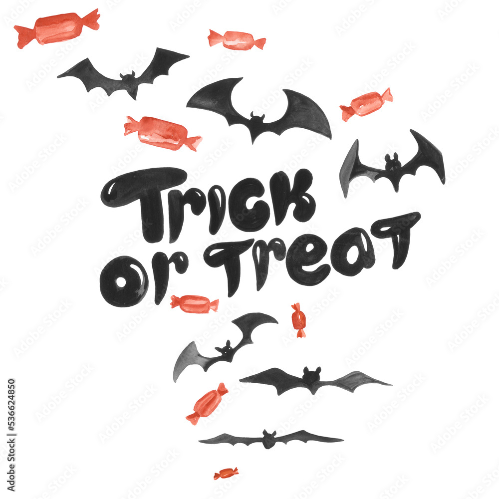 Fototapeta premium Halloween card elements in black and orange. Watercolor illustration of holiday candy, bats and Trick or treat lettering