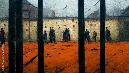 convicts gathering in a dystopian prison yard with bars photo