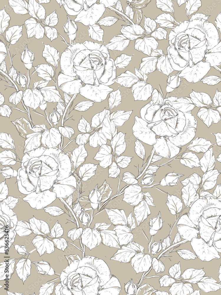 seamless floral pattern. Beige background with white roses. Hand draun botanical vector pattern