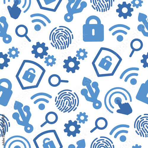 Security system network, burglar alarm seamless pattern. Flat icons. Guard, protection, fingerprint, CCTV, VPN, monitoring, safety, or control concepts. Vector interactive illustration