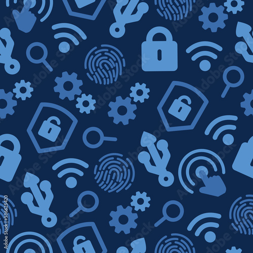 Security system network, burglar alarm seamless pattern. Flat icons. Guard, protection, fingerprint, CCTV, VPN, monitoring, safety, or control concepts. Vector interactive illustration