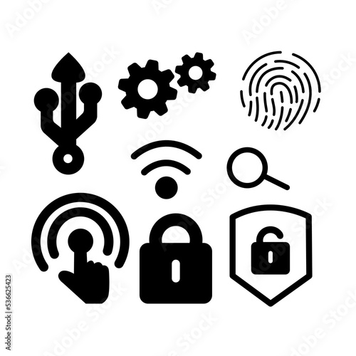 Security system network, burglar alarm. Flat icons. Guard, protection, fingerprint, CCTV, VPN, monitoring, safety, or control concepts. Vector interactive illustration