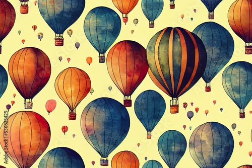 Pattern with hot Air Balloons, Clouds and moon in the sky. Watercolor seamless background for Kids. Cute Print for childish textile design or wallpaper